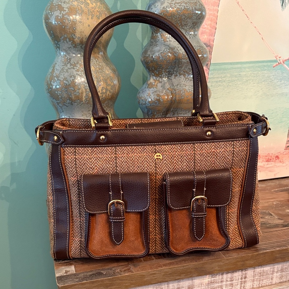 Vintage Etienne Aigner Brown and Tan Tweed and leather 90s bag beautiful